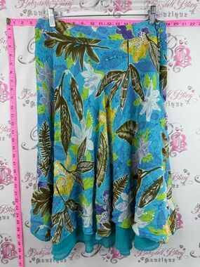 Laura Ashley Midi Skirt Turquoise sequins Floral partterns + Green White Leaves